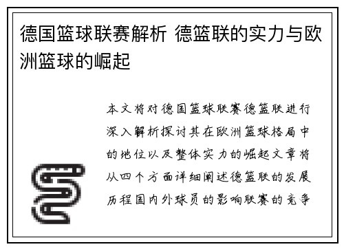 德国篮球联赛解析 德篮联的实力与欧洲篮球的崛起