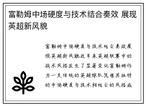 富勒姆中场硬度与技术结合奏效 展现英超新风貌